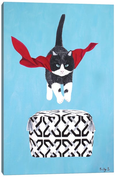 Flying Cat Over Pouf Canvas Art Print - Tuxedo Cat Art