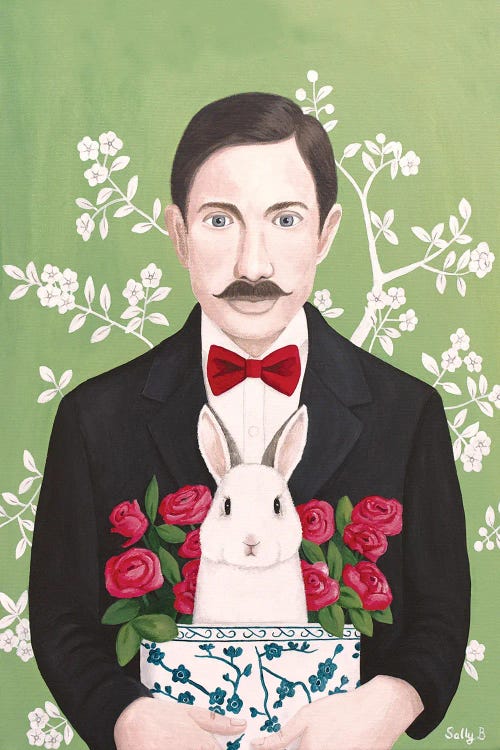 Man With Rabbit And Roses by Sally B wall art