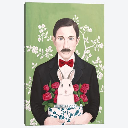 Man With Rabbit And Roses Canvas Print #SLY88} by Sally B Canvas Wall Art