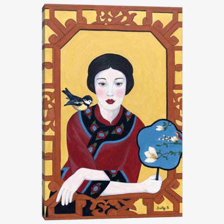 Chinese Woman With Fan And Bird Canvas Print #SLY8} by Sally B Canvas Wall Art