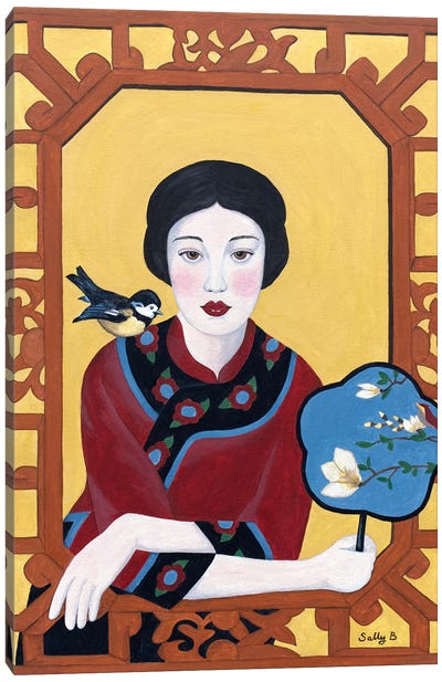 Chinese Woman With Fan And Bird Canvas Art Print - Sally B