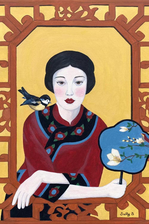 Chinese Woman With Fan And Bird