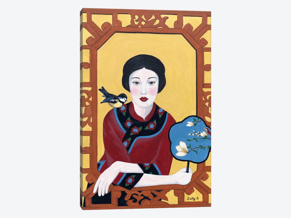 Chinese Woman With Fan And Bird by Sally B 1-piece Canvas Art