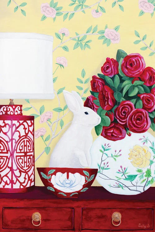 Rabbit And Roses In Red Chinoiserie Decor