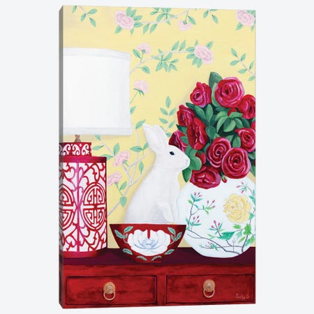 Rabbit And Roses In Red Chinoiserie Decor Canvas Print #SLY92} by Sally B Art Print