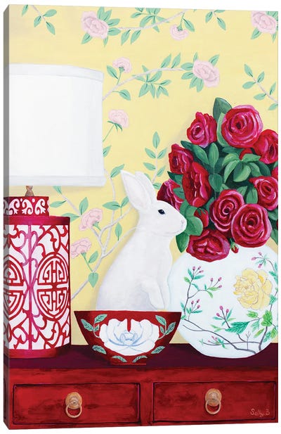 Rabbit And Roses In Red Chinoiserie Decor Canvas Art Print - Sally B