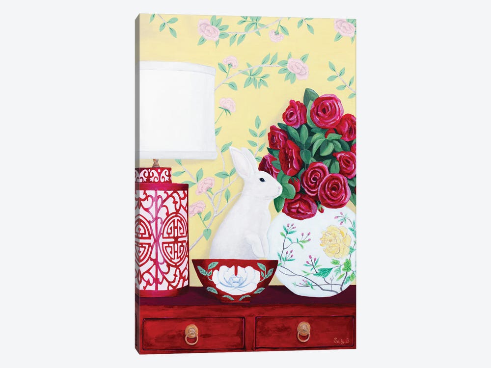 Rabbit And Roses In Red Chinoiserie Decor by Sally B 1-piece Canvas Art Print