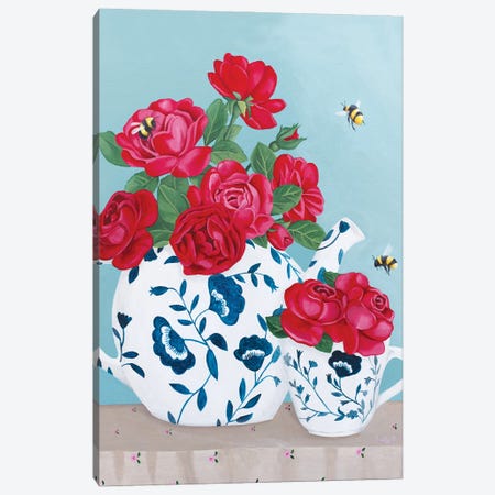 Roses And Bees In Chinoiserie Decor Canvas Print #SLY93} by Sally B Art Print