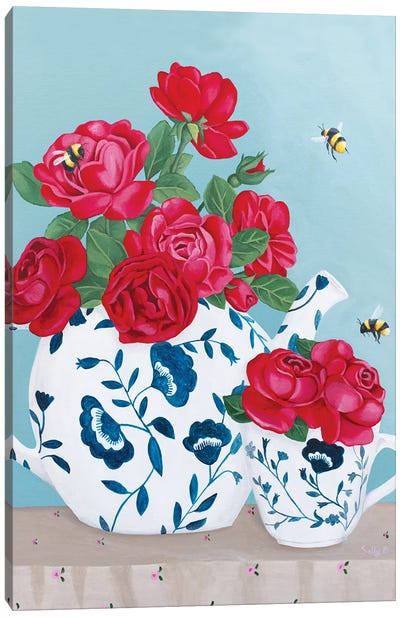 Roses And Bees In Chinoiserie Decor Canvas Art Print - Charming Blue