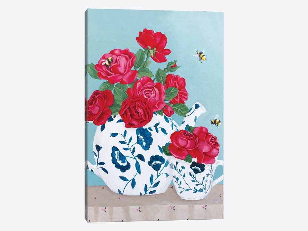 Roses And Bees In Chinoiserie Decor by Sally B 1-piece Canvas Art