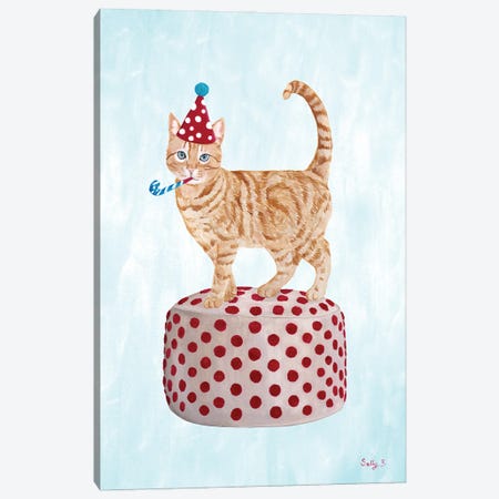 Party Cat On Pouf Canvas Print #SLY95} by Sally B Canvas Wall Art