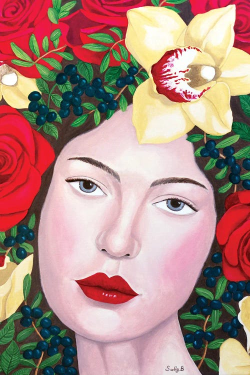 Woman With Roses And Yellow Orchids