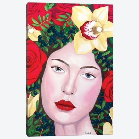 Woman With Roses And Yellow Orchids Canvas Print #SLY98} by Sally B Art Print