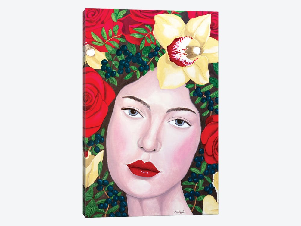 Woman With Roses And Yellow Orchids by Sally B 1-piece Canvas Print