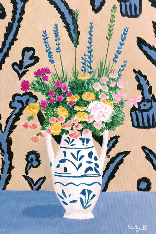 Flower Bouquet On Blue Table Art Print by Sally B | iCanvas