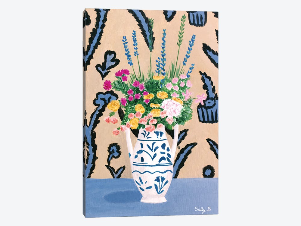 Flower Bouquet On Blue Table by Sally B 1-piece Canvas Artwork