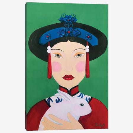 Chinese Woman With Rabbit Canvas Print #SLY9} by Sally B Canvas Wall Art