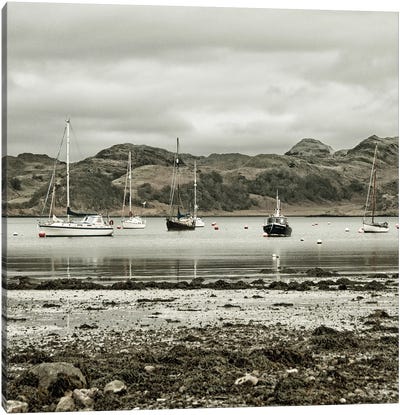 Boats At Anchor Canvas Art Print - Monochromatic Photography