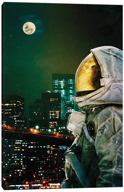 Between The Moon And The City Canvas Art Print - Moon Art