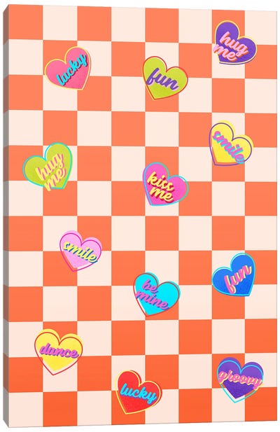 Candy Hearts On Checkered Orange Canvas Art Print - Show Me Mars
