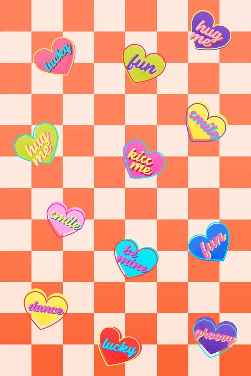 Candy Hearts On Checkered Orange by Show Me Mars wall art