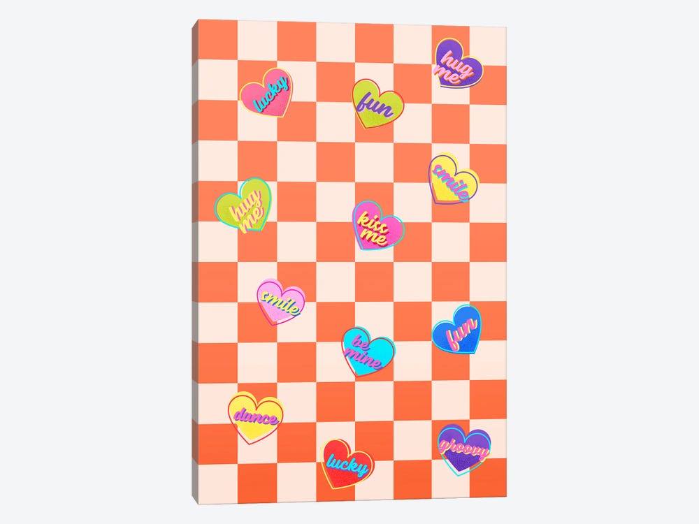 Candy Hearts On Checkered Orange by Show Me Mars 1-piece Canvas Art