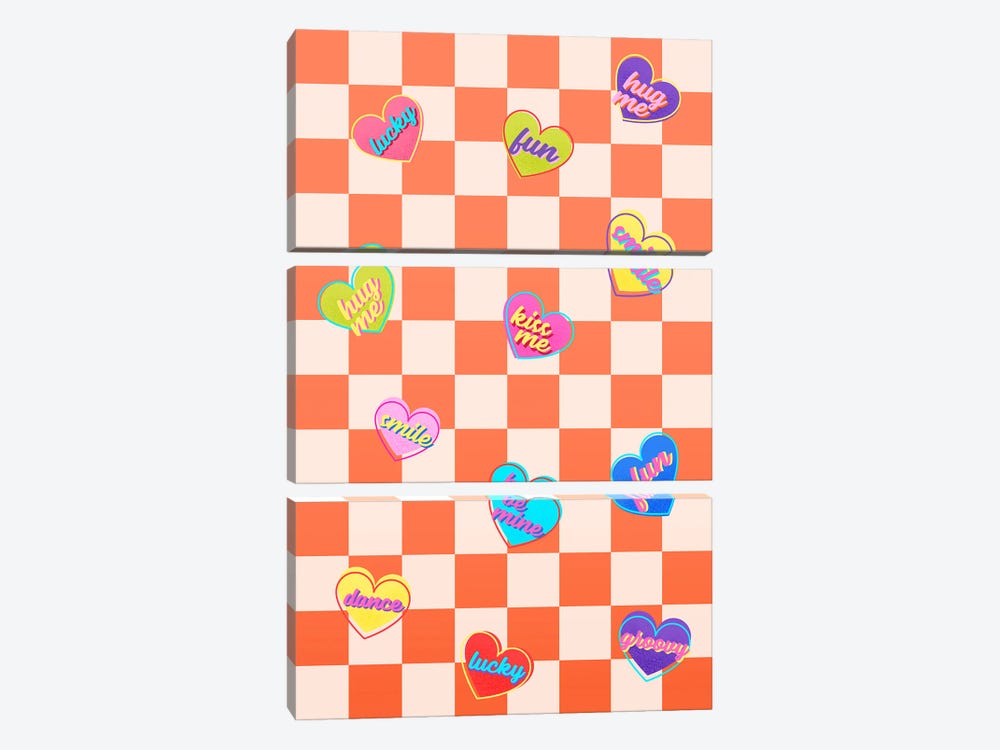 Candy Hearts On Checkered Orange by Show Me Mars 3-piece Canvas Artwork
