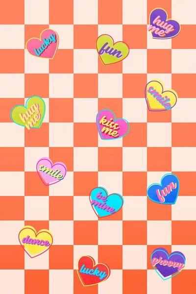 Dopamine Decor: Candy Hearts On Checkered Orange by Show Me Mars