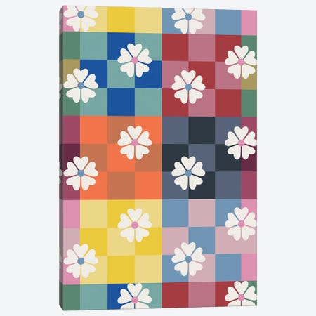 Multicolored Checker And Daisies Canvas Print #SMM206} by Show Me Mars Canvas Art Print