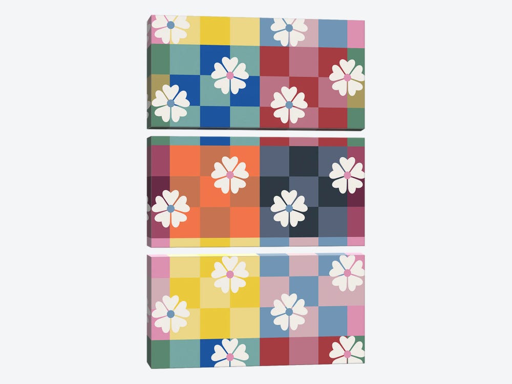 Multicolored Checker And Daisies by Show Me Mars 3-piece Canvas Artwork