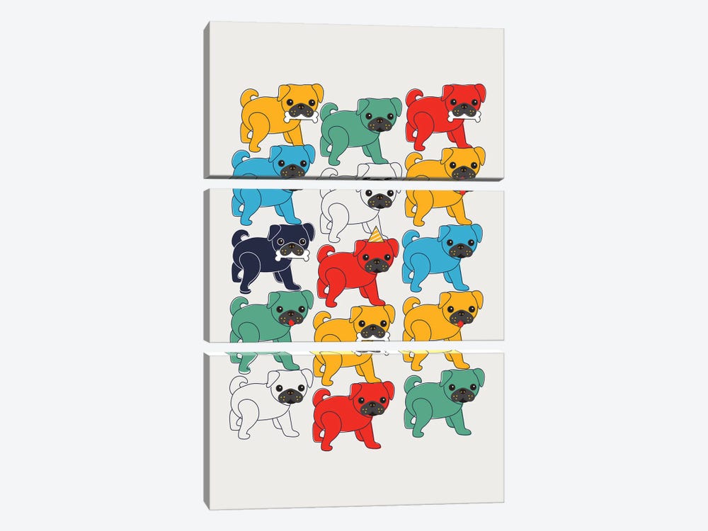 Colorful Pugs by Show Me Mars 3-piece Canvas Wall Art