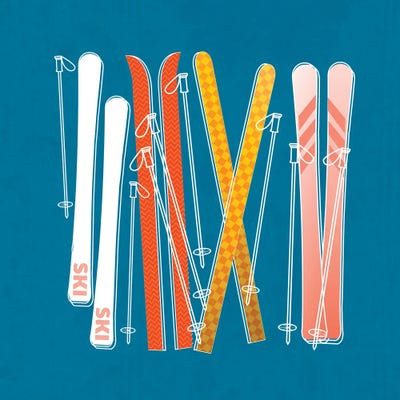 Colorful Skis On Blue by Show Me Mars framed canvas print