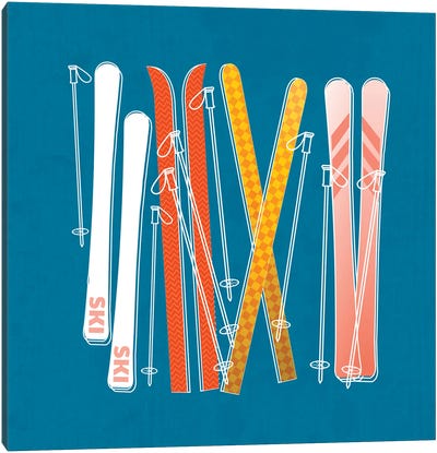 Colorful Skis On Blue Canvas Art Print - Skiing Art