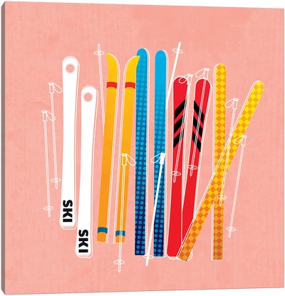 Colorful Skis On Pink Canvas Art Print - Skiing Art