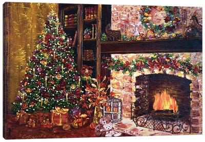Evening By The Fireplace Canvas Art Print - Christmas Scenes