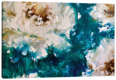 Tango In White Flowers Canvas Art Print - Teal Abstract Art