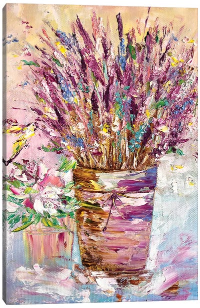 Bouquet Of Lavender With A Bird Canvas Art Print - Lavender Art