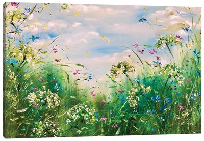 Grass Meadow With Blue Sky Canvas Art Print - Dandelion Art