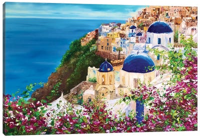 Sunny Santorini Canvas Art Print - Blue Domed Church Santorini