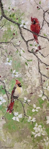 Cardinals: Red Birds In A Blooming Garden by Marina Skromova