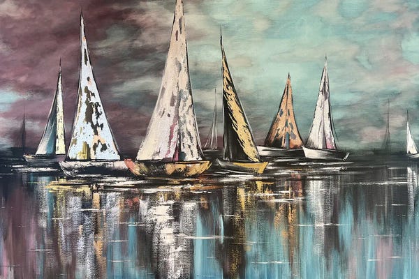 Golden Sailboats In The Ocean