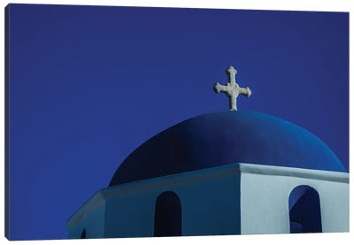 Blue And White, Greece (Horizontal) Canvas Art Print - Blue Domed Church Santorini