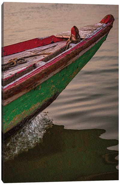 Wooden Boat On The Ganges (Varanasi, India) Canvas Art Print - India Art