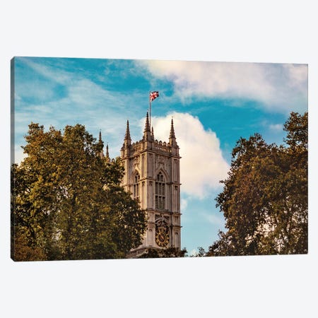 Union Jack Over Westminster Abbey, London Canvas Print #SMX86} by Sean Marier Canvas Print
