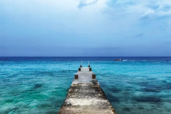 Susan Richey: Pier On Caribbean Sea With Boat II by Susan Richey
