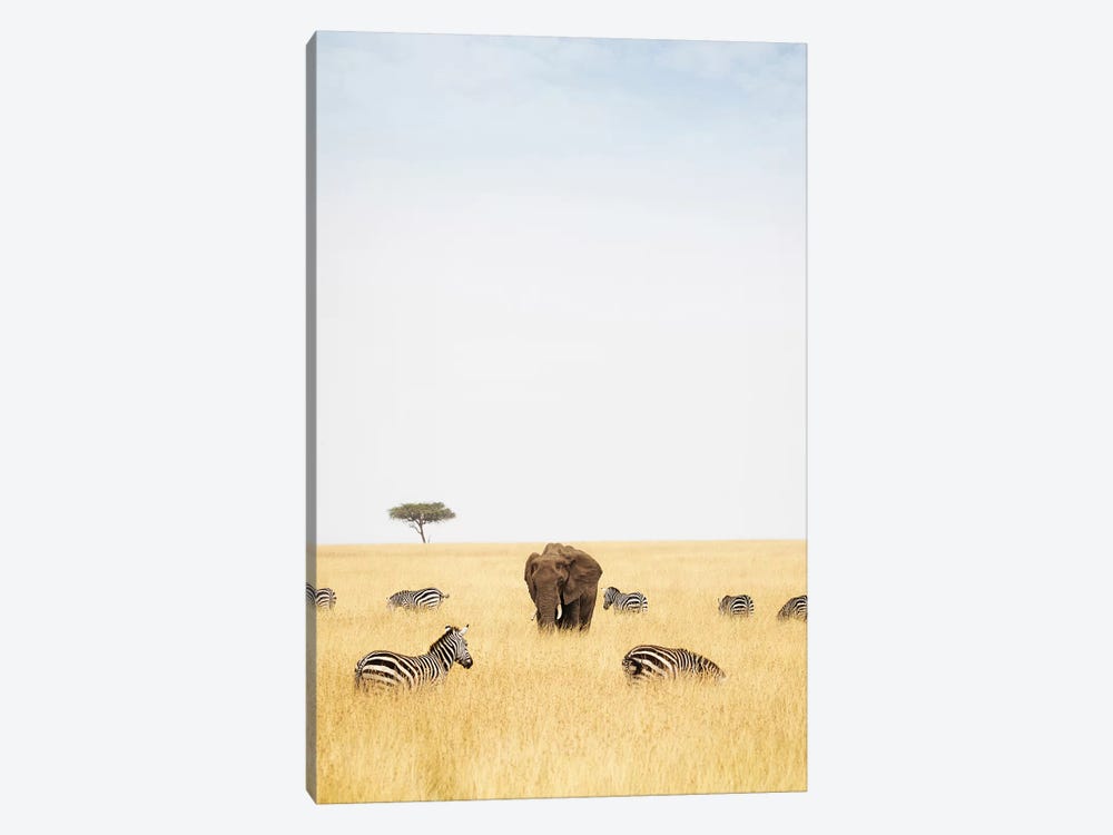 Zebra And Elephants In Kenya - Vertical by Susan Richey 1-piece Art Print