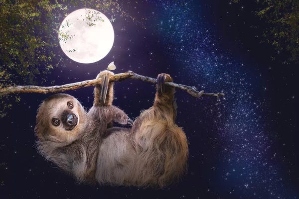 Susan Richey: Cute Sloth Hanging On A Branch In Evening by Susan Richey