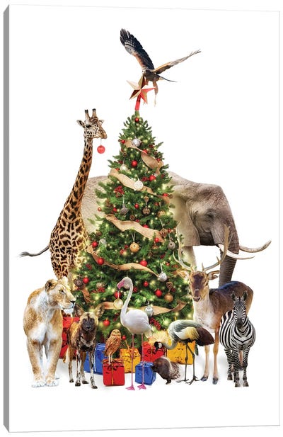 Zoo Animals Decorating A Christmas Tree Canvas Art Print - Christmas Animal Art