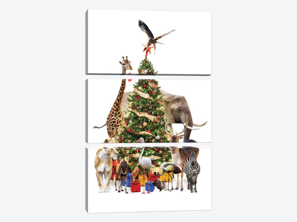 Zoo Animals Decorating A Christmas Tree by Susan Richey 3-piece Canvas Print