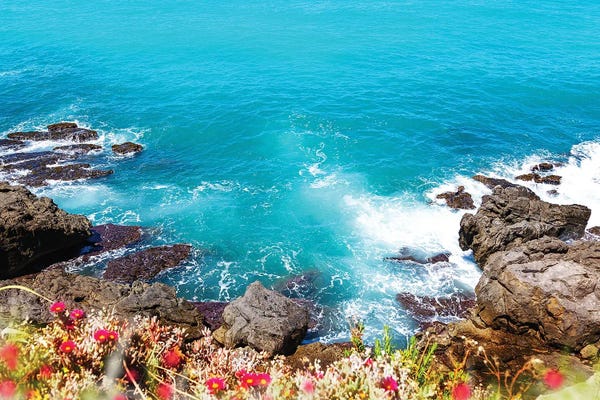 Susan Richey: Rocky Cliff Looking Into Blue Mediterranean Sea by Susan Richey